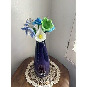 Bouquet Of Murano Hand Blown Long Stem Glass Flowers In A Purple Glass Vase